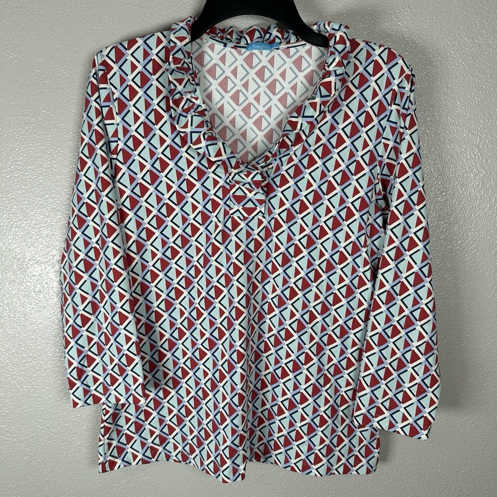 J McLaughlin Size Medium Durham Red Blue‎ Geometric Print Blouse Catalina Cloth